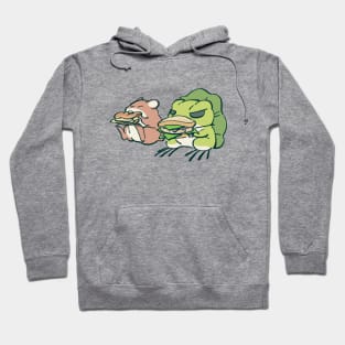 traveling frog eating sandwich lunch with mouse / tabi kaeru Hoodie